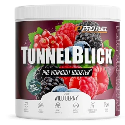 Abbildung von Pre Workout Booster WILD BERRY 440g unglaublich lecker TUNNELBLICK Trainingsbooster mit Citrullin, Arginin, Taurin, Koffein, Guarana und Magnesium optimal hochdosiert 100% vegan