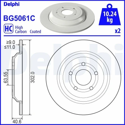 Abbildung von Bremsscheiben DELPHI BG5061C hinten, belüftet, voll, hochkarbonisiert, 2 Stück