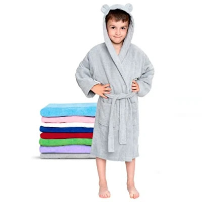 Abbildung von Twinzen Kinderbademantel Mädchen oder Junge 100% Baumwolle Ohne Chemikalien OEKO TEX® 2 Taschen, Gürtel, Kapuze mit Ohren 9 10 Jahre, Grau, Size5