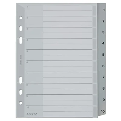 Abbildung von Leitz Register für A5, Deckblatt aus Karton und 10 Trennblätter Kunststoff, Taben mit Zahlenaufdruck 1 10, Grau, 12850000