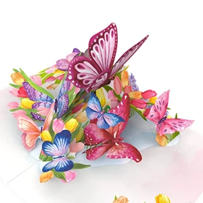 Abbildung von LIMAH® Pop Up 3D Geburtstagskarte mit Schmetterlingen und Tulpen Blumen Karte zum Geburtstag, Muttertag, Valentinstag als Gutschein, Geldgeschenk oder Geburtstagsgeschenk