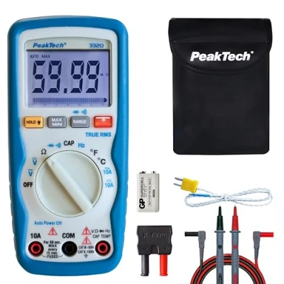 Abbildung von PeakTech 3320 Digitales Multimeter mit TrueRMS, 10 A AC/DC, 6.000 Zähler, tragbares Multimeter, Voltmeter, Autorange, Durchgangsprüfer, Stromversorgung, Datenspeicher, LCD Display CAT III 600 V
