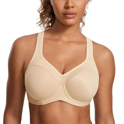 Abbildung von SYROKAN Damen Sport BH Starker Halt Bügel Push Up Ringerrücken Gepolstert Fitness Beige 85D