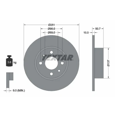Abbildung von TEXTAR PRO 92034203 Bremsscheibe 251 10 04/06 98 voll beschichtet ohne Radbefestigungsbolzen, Radnabe FIAT: BRAVO 2, Stilo Multi Wagon