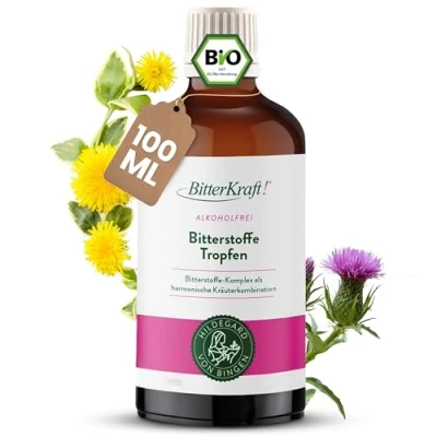 Abbildung von BitterKraft! Alkoholfrei BIO Bitterstoffe Tropfen nach Hildegard von Bingen hochdosierte Bittertropfen 9 erlesene Bitterkräuter für den Darm &amp; die Verdauung 100% Natur (100ml)
