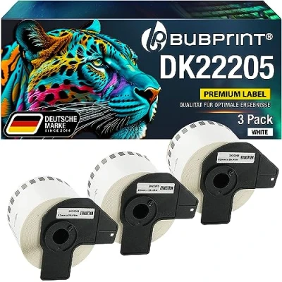 Abbildung von Bubprint 3 Etiketten kompatibel als Ersatz für Brother DK 22205 P Touch QL 1110NWB QL800 QL700 QL570 820NWB 810W QL710 QL600 QL500 QL1100 QL710W QL720NW QL560 QL1050 QL1060 QL550