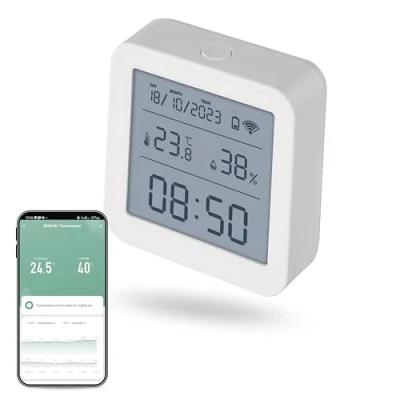 Abbildung von EMOS GoSmart Smart Home Thermometer mit App Zigbee Innentemperaturbereich 10C bis +60C LED Display WiFi Uhr C/F umschaltbar Inkl. Batterie Google Home, Alexa kompatibel weiß