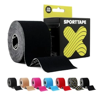 Abbildung von SPORTTAPE Extra klebriges Kinesiologie Tape, 5 cm x m Schwarz hypoallergenes, wasserfestes K Tape Physio , medizinisches Sport bei Muskelverletzungen, Unterstützung ungeschnitten