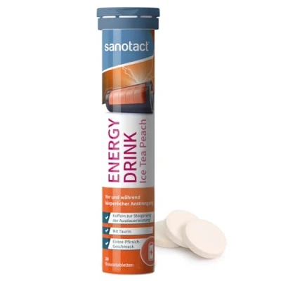 Abbildung von sanotact Energy Drink Brausetabletten Eistee Pfirsich (20 Stück) Taurin + Koffein B Vitamine Zuckerfrei &amp; Kalorienfrei Für Energie, Ausdauer Fokus Vegan Laktosefrei