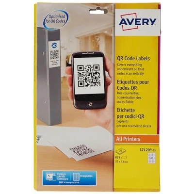 Abbildung von Avery Dennison L7120 25 QR Code Etiketten, quadratisch, blickdicht, Weiß, 20 Etiketten pro Blatt, 500 35 x mm
