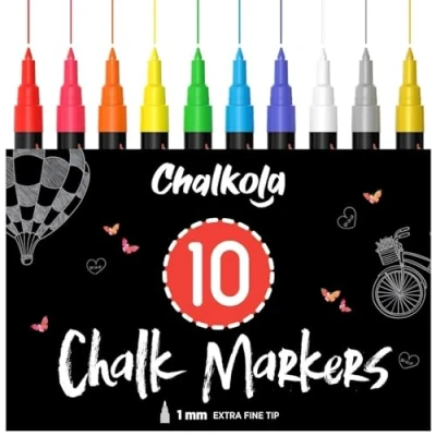 Abbildung von Chalkola Kreidestifte für Tafel Abwaschbar, 10 Neon mit Silber &amp; Gold Stift 1mm extra feine Spitze, Kreide Fenster, Glas, Chalk markers Erwachsene Kinder