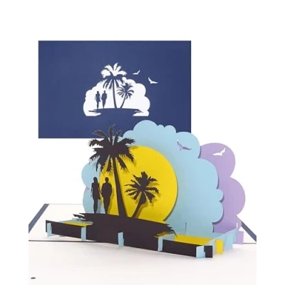 Abbildung von Pop Up Karte „Palmen &amp; Strand“ Reisegutschein, 3D Geburtstagskarte, Gutschein für Urlaub, Reise Hochzeitsreise