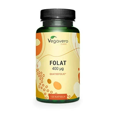 Abbildung von Folsäure 400μg Kapseln PREMIUM: Quatrefolic® 5 MTHF Folat keine billige Rohstoff aus Italien Kinderwunsch Schwangerschaft Ohne Zusatzstoffe Deutsche Produktion Vegavero®