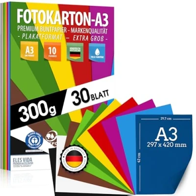 Abbildung von 30 Blatt BUNTES PAPIER DIN A3 300g/m² Fotokarton Set 10 Farben Bastelpapier &amp; Farbige Blätter Pappe, Kinder DIY Bogen, Basteln für Fotoalbum BLAUER ENGEL PEFC zertifiziert MADE IN GERMANY
