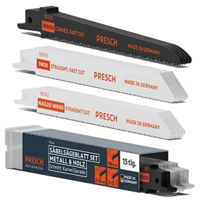Abbildung von Presch Säbelsägeblätter Set Holz, Metall und Edelstahl 15 Stk. Komplettes für jede Anwendung Universalschaft Reciprosäge Sägeblätter inkl. Box