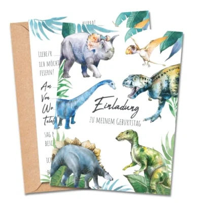 Abbildung von MeinBaby123® 10 Einladungskarten Kindergeburtstag Jungs süße Geburtstagseinladungen für Kinder Dinosaurier inkl. Briefumschläge Premium Qualität (Dino V1)
