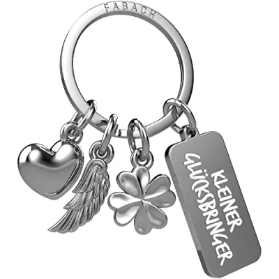 Abbildung von FABACH Schutzengel Schlüsselanhänger 3 Charms mit Gravur Kleeblatt Herz Glücksbringer Viel Erfolg Glück Geschenk Engel Kleiner