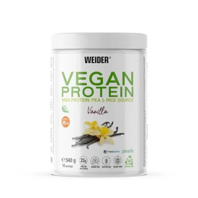 Abbildung von Weider Vegan Protein (540g) Vanille Geschmack. 23g Protein/Dosis, Erbsenisolat (Pisane) &amp; Reisproteine. Mit Vitamin B12 und Stevia. Glutenfrei, zuckerfrei. Verpackung 50% Recycelt, 100% Recycelbar