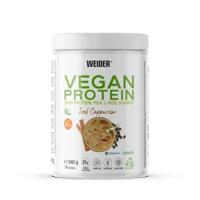 Abbildung von Weider Vegan Protein (540g) Cappuccino Geschmack. 23g Protein/Dosis, Erbsenisolat (Pisane) &amp; Reisproteine. Mit Vitamin B12 und Stevia. Glutenfrei, zuckerfrei. Verpackung 50% Recycelt, 100% Recycelbar