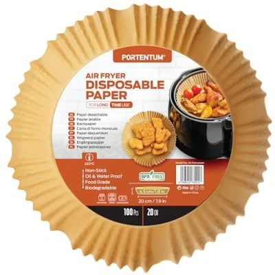Abbildung von PORTENTUM Backpapier für Heißluftfritteuse 100 Stück BPA frei, 20 24 cm, Airfryer Antihaft Wasserdicht Ölfest Einwegschalen Luftfritteuse Pergamentpapier Liner 4.7L 7.3L