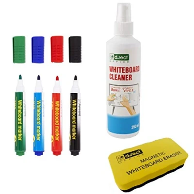 Abbildung von D.RECT Whiteboard Reiniger Set 4in1 Zubehör 250ml Reinigungsflüssigkeit für Weißwandtafel Marker Schwamm, Cleaner, Spray, Stifte