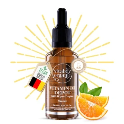 Abbildung von Vitabay Vitamin D3 Tropfen 50 ml 1.500 vegane Hochdosiert mit 5.000 IE Erfrischender Orangengeschmack Laborgeprüft &amp; hergestellt aus hochwertigen Rohstoffen