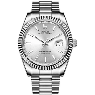Abbildung von BUREI Herren Uhren Analoge Quarzuhr Silber Dial mit Datum EdelstahlBand Watch for Men