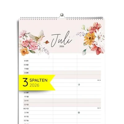 Abbildung von heaven+paper Paarplaner 3 Spalten Wildblumen natur Kalender für zwei 2026 mit Feiertagen, Schulferien, Mond Wandkalender Familienkalender (42x21cm) (Wildflower, Spalten)