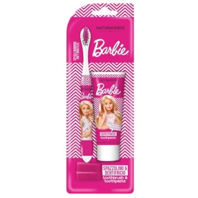 Abbildung von Naturaverde Kids Mattel Barbie Mundreinigungsset für Kinder, Erdbeer und Karamellzahnpasta 25 ml Zahnbürste mit weichen Borsten, Zahnpasta