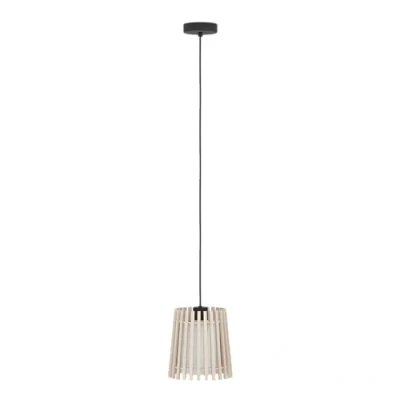 Abbildung von EGLO Hängelampe Fattoria, 1 flammige Pendelleuchte über Esstisch, Esszimmerlampe aus hellem Holz, Textil in Weiß und Metall Schwarz, Hängeleuchte mit E27 Fassung, Ø 20 cm