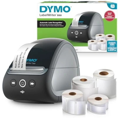 Abbildung von DYMO LabelWriter 550 Etikettendrucker &amp; Etiketten, 2 x LW Mehrzwecketiketten(1.320 insgesamt),1 Etiketten für Namensschilder (300 pro Rolle), Hochleistungsetiketten (160 EU Stecker