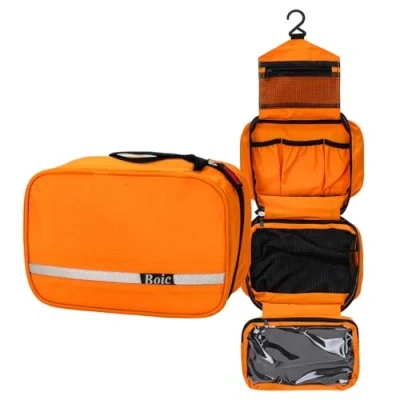 Abbildung von Boic Kulturbeutel zum Aufhängen, Reise, Kulturtasche Aufhängen für Frauen Herren, Kosmetiktasche mit 4 fächern, Outdoor Waschtasche Klein, Toilettentasche Camping Oxford (Orange)