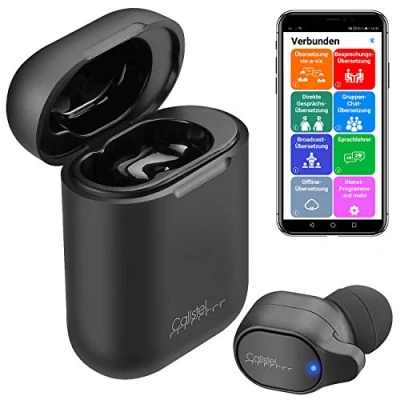 Abbildung von Callstel Live Translator: 2in1 Übersetzer und In Ear Mono Headset mit Powerbank Box &amp; App (Sofortübersetzer, Dolmetscher, Freisprecheinrichtung)