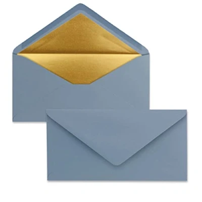 Abbildung von 25 Brief Umschläge DIN Lang Graublau mit Gold Metallic Innen Futter 110 x 220 mm Nassklebung festliche Kuverts für Weihnachten
