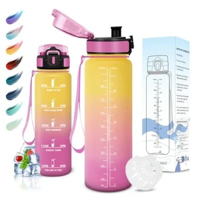 Abbildung von Motswedi Trinkflasche Sport, 1000 ml BPA Frei, Trinkflasche, Kohlensäure Geeignet, Sport Auslaufsicher, Wasserflasche für Yoga, Schule, Fahrrad, Kinder, Outdoors, Gelb Rosa