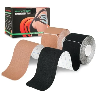 Abbildung von PHYTOP Kinesiologie Tape (40 Streifen, 25cm x 5cm) Latexfreie Physio für Sport Kinesiotapes ideal zur Unterstützung von Knie, Schulter und Ellbogen (Schwarz + Beige, 5 m cm)