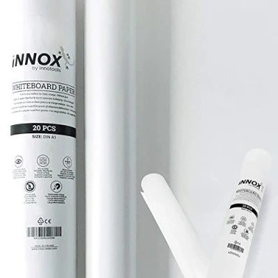 Abbildung von Elektrostatisch Selbsthaftende Whiteboard Folie von INNOX® haftet magnetisch an allen Oberflächen Ideales Flipchart Papier für Meetings, Brainstorming und Coaching Weiß, 20 Blatt