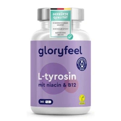 Abbildung von L Tyrosin 365 Kapseln (6 Monate) 1000 mg pro Tagesdosis Veganes mit Vitamin B3 &amp; B12 Für Nerven und Stoffwechsel* Laborgeprüft, ohne Zusätze in Deutschland hergestellt