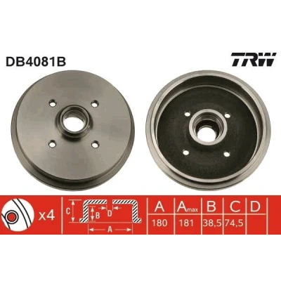 Abbildung von TRW DB4081B Bremstrommel mit Lager, ohne ABS Sensorring 190 VOLKSWAGEN: GOLF 2, 3, 1, SEAT: Arosa, AUDI: Coupe B2, 80 B2