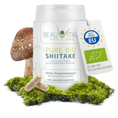 Abbildung von Pure Bio Shiitake Kapseln 120 je 500mg Lentinula edodes Vitalpilze Pulver aus EU Landwirtschaft, vegan, ohne künstliche Zusatzstoffe
