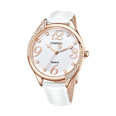 Abbildung von Comtex Damen Armbanduhr Strass Analog Quarz mit Leder Armband S128RG Rose Gold