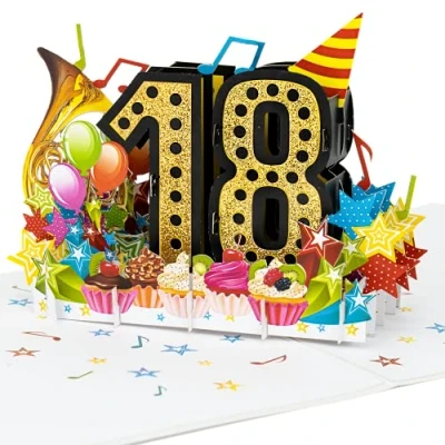 Abbildung von LIMAH® Pop Up 3D Grußkarte/Hochwertige PopUp Geburtstagskarte zum 18. /Happy Birthday Motiv/in schwarz Gold/Groß mit Glitzer
