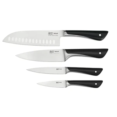 Abbildung von Jamie Oliver by Tefal K267S4 4 teiliges Messerset Kochmesser Santokumesser Universalmesser Schälmesser unverwechselbares Design widerstandsfähige Klingen Edelstahl/Schwarz