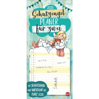 Abbildung von Schutzengel Planer für zwei 2025: Wandplaner 2. Partnerkalender mit 2 Spalten. Terminkalender niedlichen Cartoon Engeln. Wandkalender Personen.