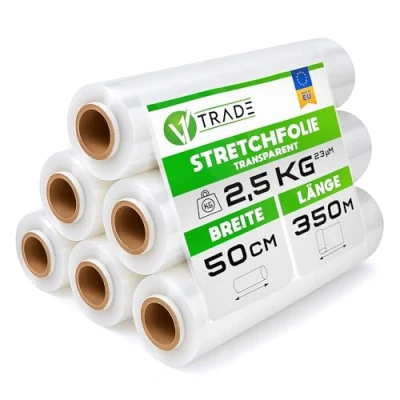 Abbildung von V1 Trade 6 Stretchfolie Transparent Strechfolienrolle Für Möbel Wickelfolie Handstretchfolie 350m 50cm Folie Verpackungsmaterial Verpackungsfolie auf Rolle Folien Umzug Umzugsfolie