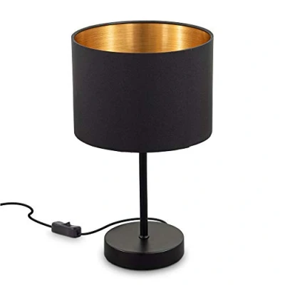 Abbildung von B.K.Licht Nachttischlampe mit Kabelschalter, Lampenschirm aus Stoff, Vintage, Tischlampe, Lampe, Schreibtischlampe, Tischleuchte, Bürolampe, Leselampe, Leselicht, Retro, 33x20 cm, Schwarz Gold