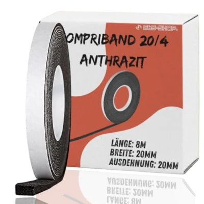 Abbildung von Kompriband 8,0 m lang, 20/4 Anthrazit, selbstklebend, expandiert von 4 auf 20 mm, Rollenbreite aus Acryl 300, geeignet als Türdämmung, Fensterdichtung, Quellband, Dichtungsband