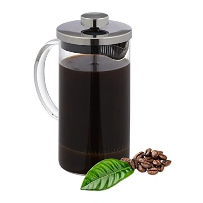 Abbildung von Relaxdays Kaffeebereiter, manuelle Stempelkanne, Siebeinsatz, 600 ml, Glas &amp; Edelstahl, Teebereiter, transparent/silber