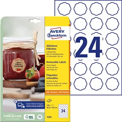 Abbildung von AVERY Zweckform Marmeladenetiketten Art. 5084 (240 Aufkleber ablösbar, 40,8x40,3mm auf A4, Blumenform, für Einmachgläser, Gebäcktüten, Geschenke, Selbstgemachtes aus der Küche) 10 Blatt weiß