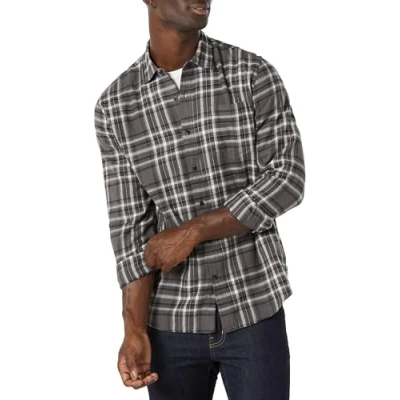 Abbildung von Amazon Essentials Herren Langarmhemd aus Flanell (in Übergröße erhältlich), Grau Karomuster, L